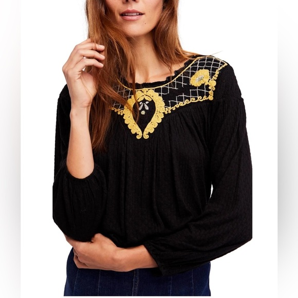 Free people black yellow embroidered begonia peasant top medium - Picture 1 of 4